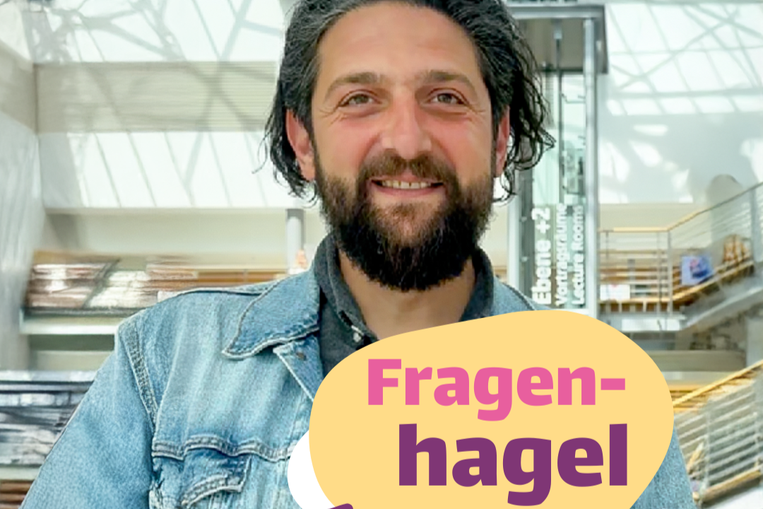 Auf dem Bild ist Aladin El-Mafaalani zu sehen. Dazu der Schriftzug "Fragenhagel"